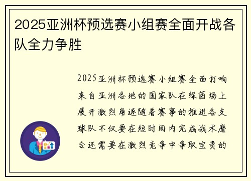 2025亚洲杯预选赛小组赛全面开战各队全力争胜 2025亚洲杯预选赛小组赛全面开战各队全力争胜