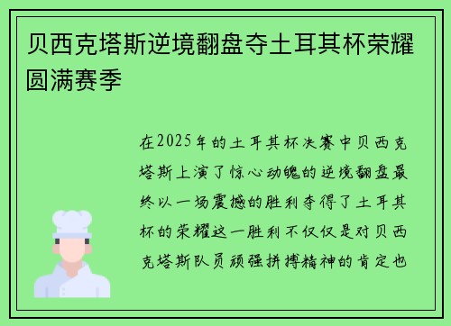 贝西克塔斯逆境翻盘夺土耳其杯荣耀圆满赛季