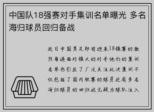 中国队18强赛对手集训名单曝光 多名海归球员回归备战 中国队18强赛对手集训名单曝光 多名海归球员回归备战
